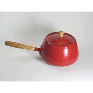Vintage 70's Red Enamel Fondue Pot with Wood Handle & Lid MCM Retro Kitchen